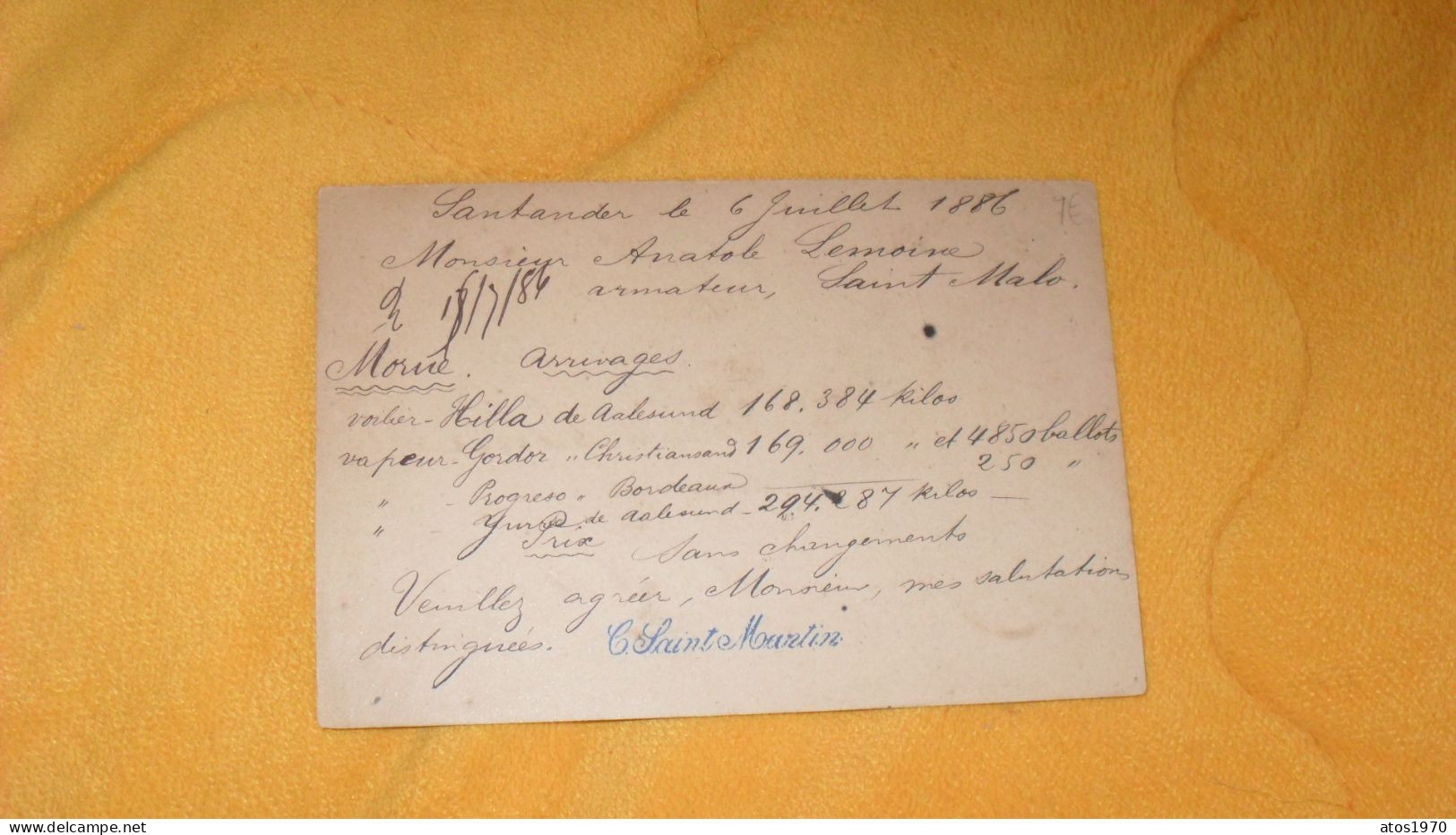 CARTE POSTALE ANCIENNE DE 1886../ C. SAINTE MARTIN CACHETS SANTANDER ESPAGNE POUR ARMATEUR A ST MALO. + TIMBRE ENTIER . - Cartas & Documentos