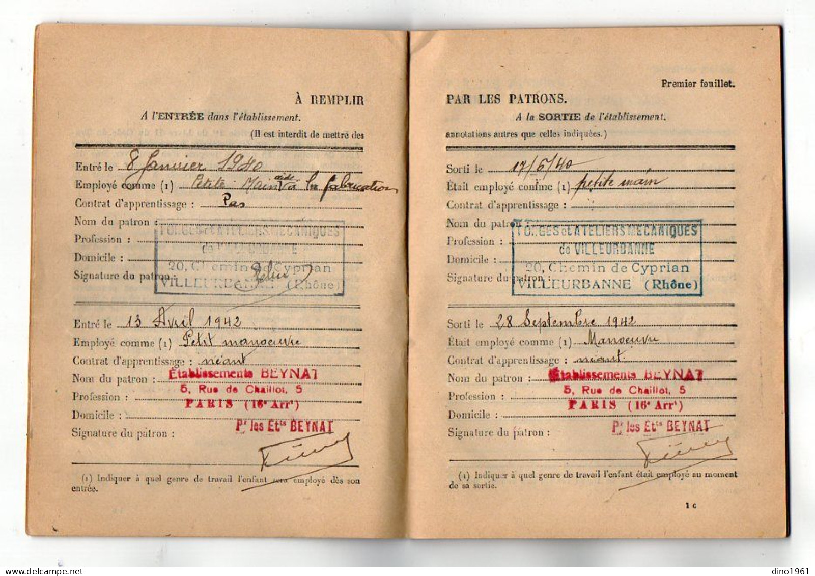 VP23.062 - COUZON AU MONT D'OR 1940 - Livret De Travail Des Enfants - M. GAUDILLOT, Forges.... De VILLEURBANNE & PARIS - Collezioni