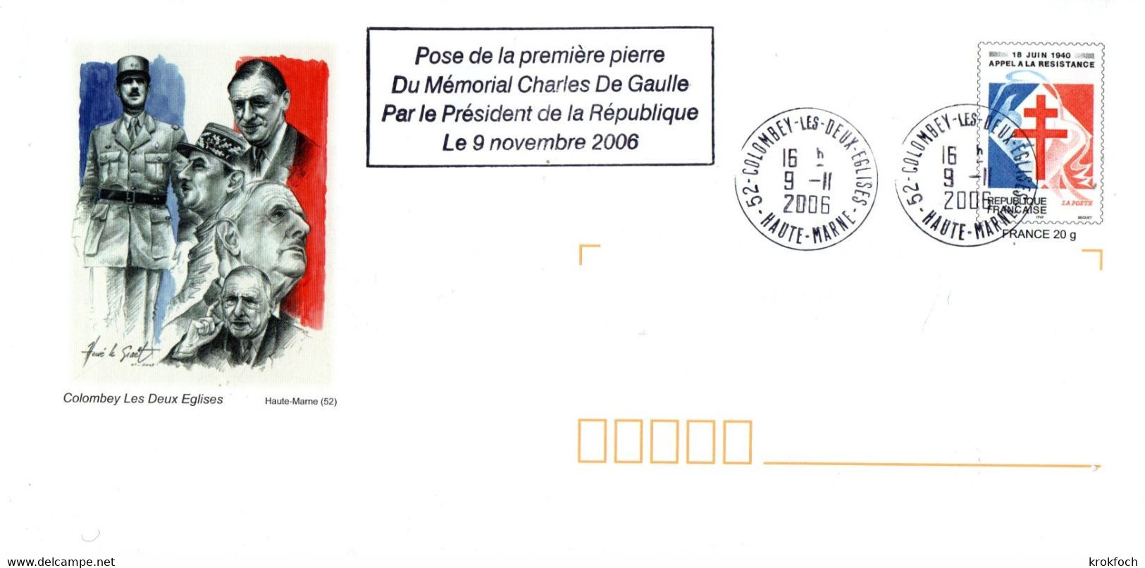 PAP Résistance - Oblitéré Colombey 2006 - Mémorial Général Charles De Gaulle - De Gaulle (General)