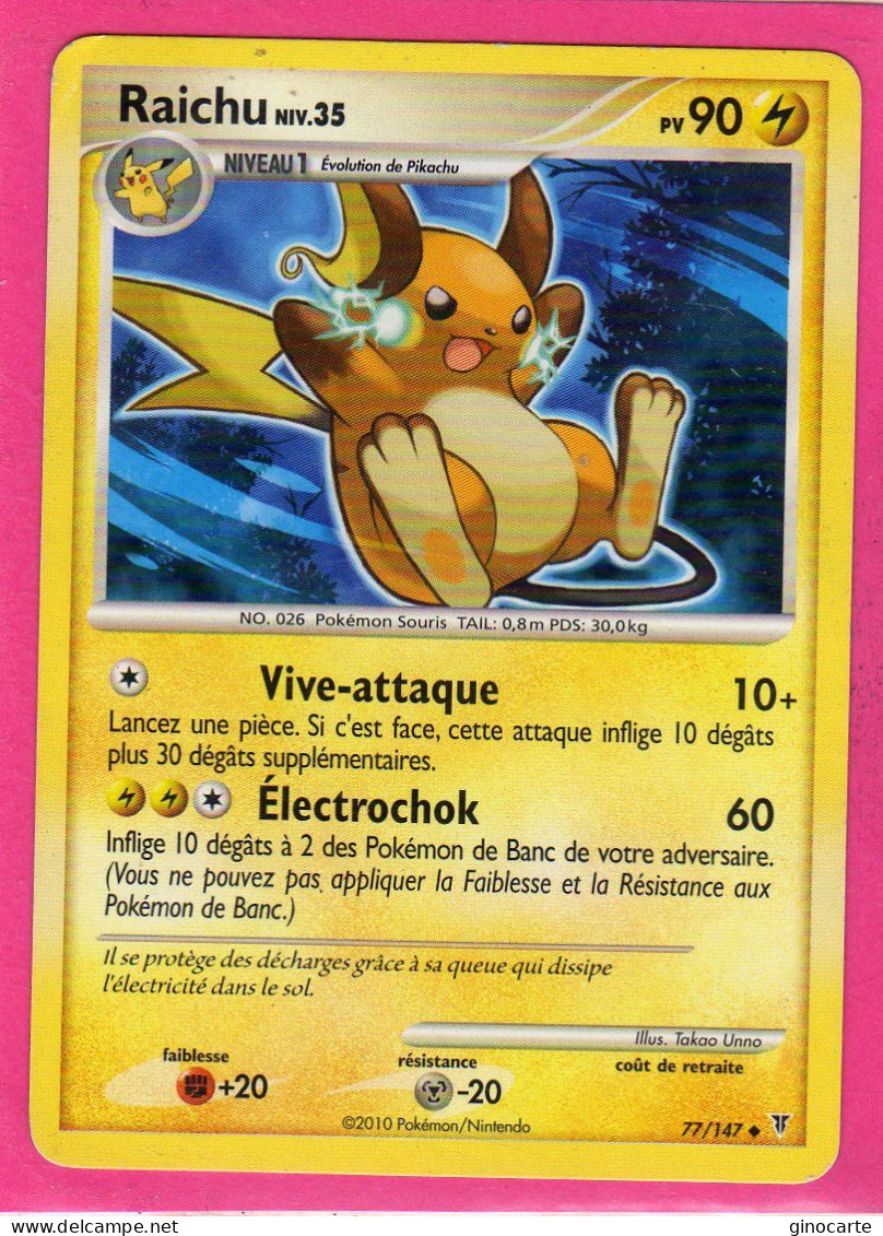 Carte Pokemon Francaise 2010 Platine Vainqueur Suppreme 77/147 Raichu 90pv Bon Etat - Platine