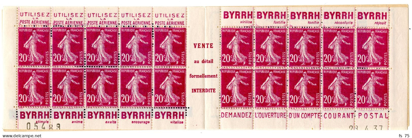 FRANCE N°190 - 20C LILAS ROSE SEMEUSE CAMEE - CARNET 1a - S. 9 - POSTE AERIENNE / BYYRH / BYRRH / CCP - COIN DATE - Unused Stamps