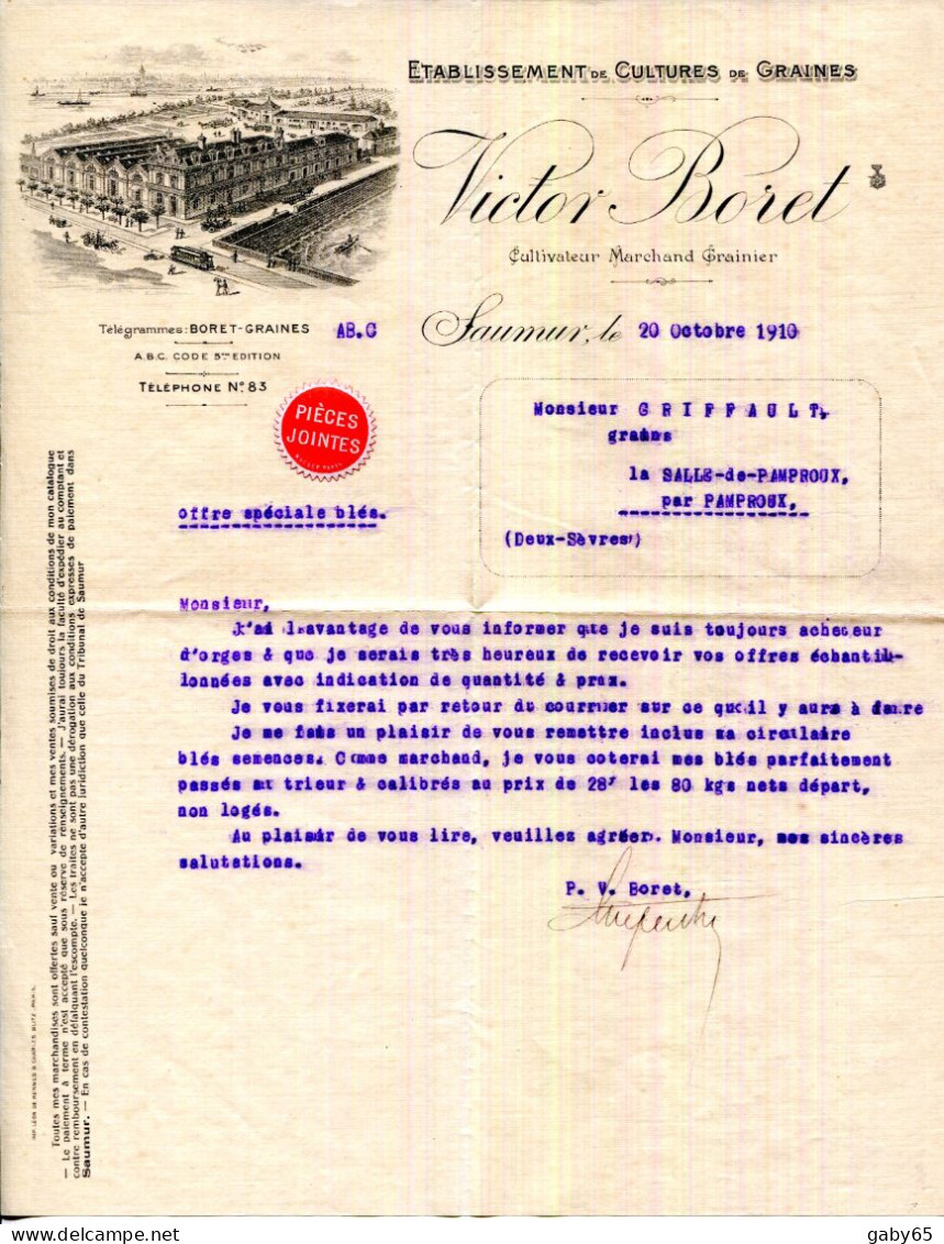 FACTURE.49.SAUMUR.ÉTABLISSEMENT DE CULTURES DE GRAINES.VICTOR BORET CULTIVATEUR MARCHAND-GRAINIER. - Agricultura