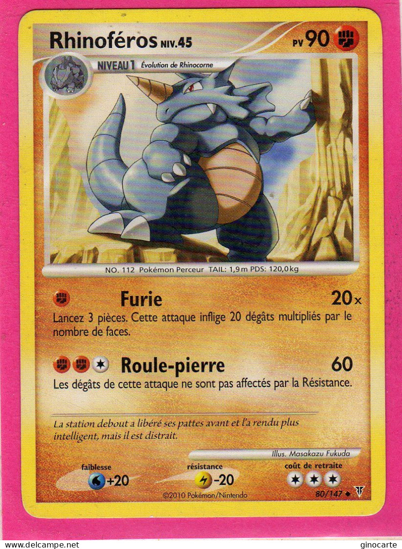 Carte Pokemon Francaise 2010 Platine Vainqueur Suppreme 80/147  Rhinoferos 90pv Bon Etat - Platine