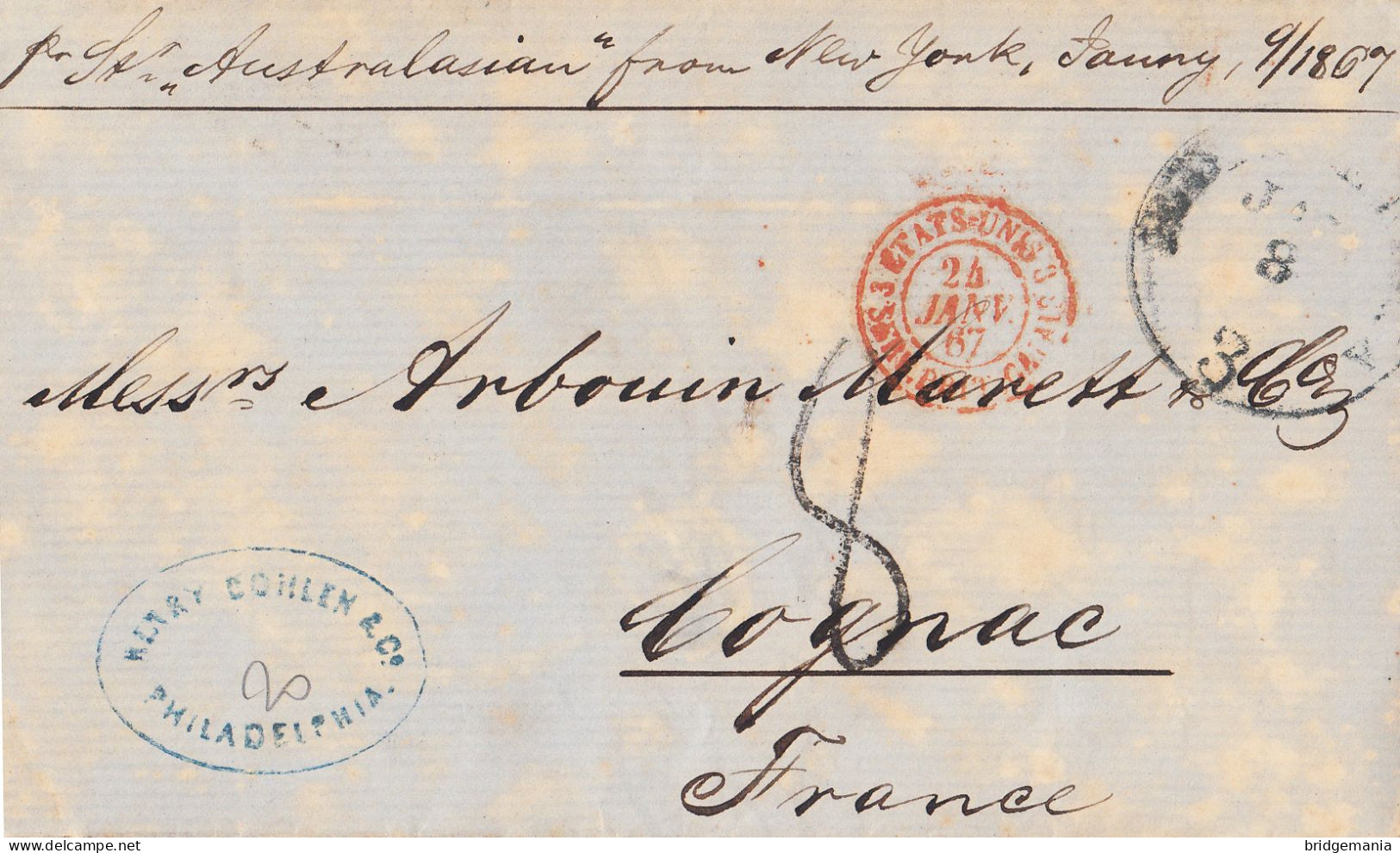 MTM094 - 1867 TRANSATLANTIC LETTER USA TO FRANCE Steamer AUSTRALASIAN - UNPAID - Marcophilie