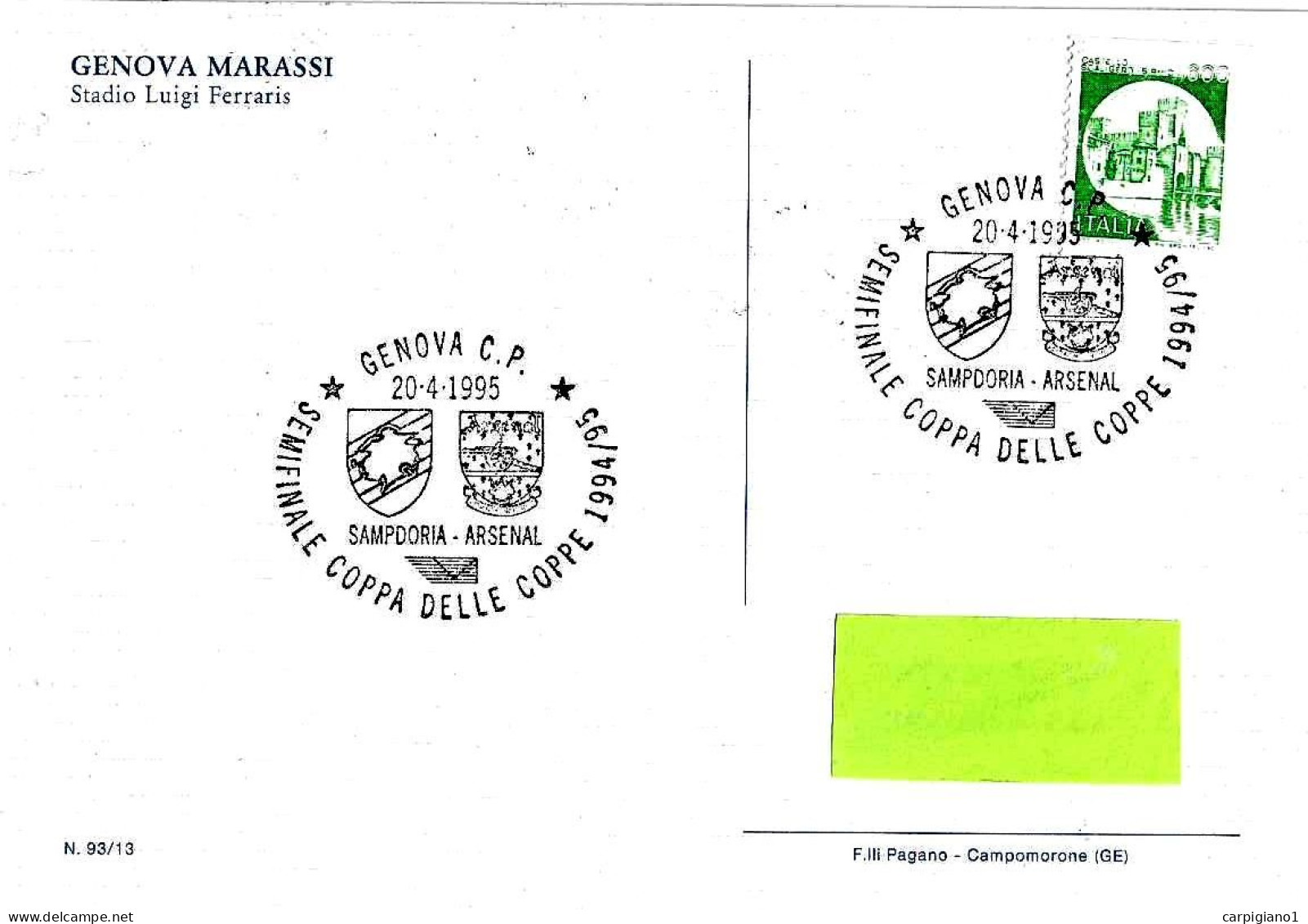 ITALIA ITALY - 1995 GENOVA Semifinale Coppa Coppe 1994-95 Calcio SAMPDORIA-ARSENAL Su Cartolina Stadio Ferraris - 7842 - 1991-00: Storia Postale