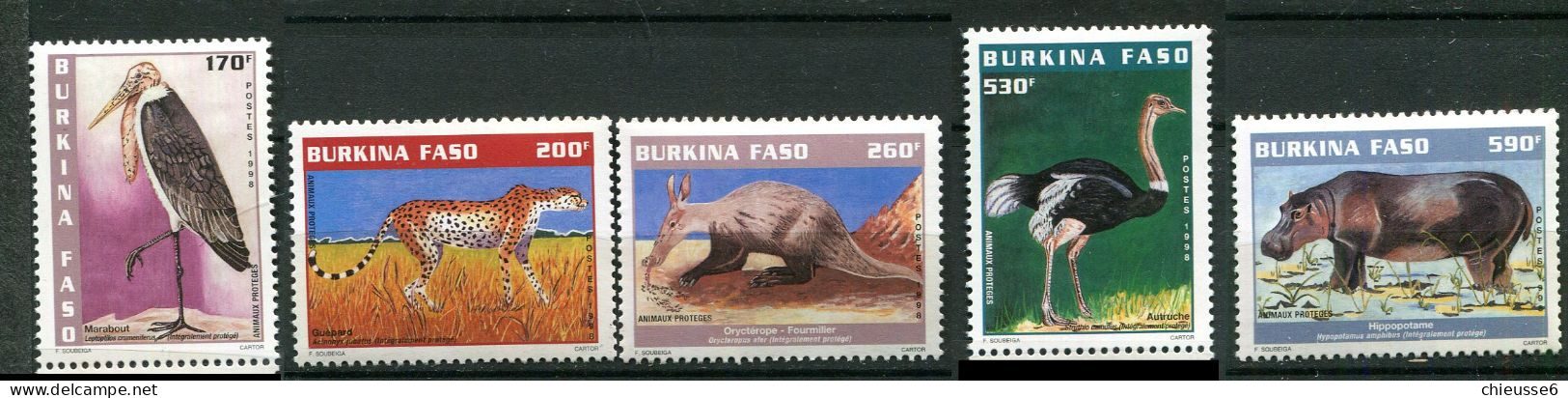 Burkina Faso ** N° 1051E à 1051J - Animaux:  Marabout, Guépard, Fourmilier, Autruche, Hippopotame - Burkina Faso (1984-...)