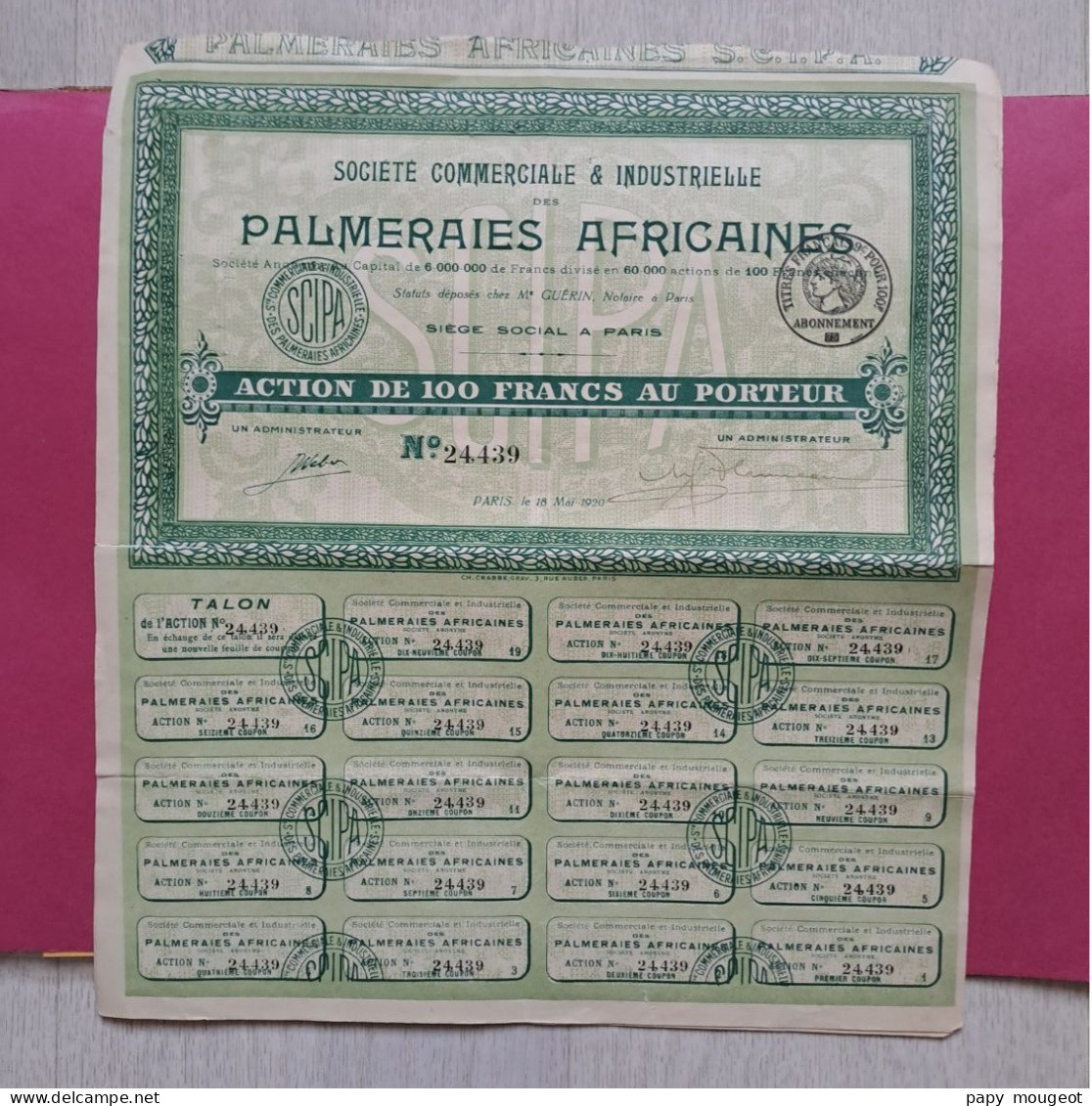 Palmeraies Africaines - Action De 100 Francs Au Porteur - Paris 18 Mai 1920 N°24.439 - P - R