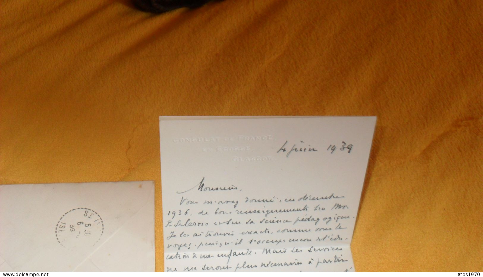 ENVELOPPE + LETTRE ANCIENNE DE 1939../ CONSULAT DE FRANCE EN ECOSSE GLASGOW POUR SAINT ISMIER ISERE + TIMBRES X2 - Escocia