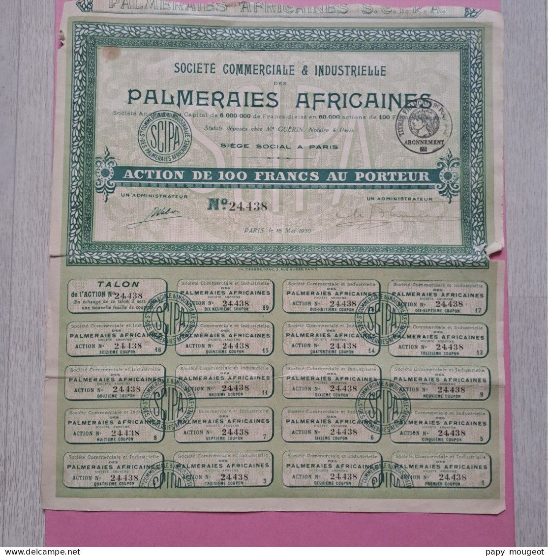 Palmeraies Africaines - Action De 100 Francs Au Porteur - Paris 18 Mai 1920 N°24.438 - P - R