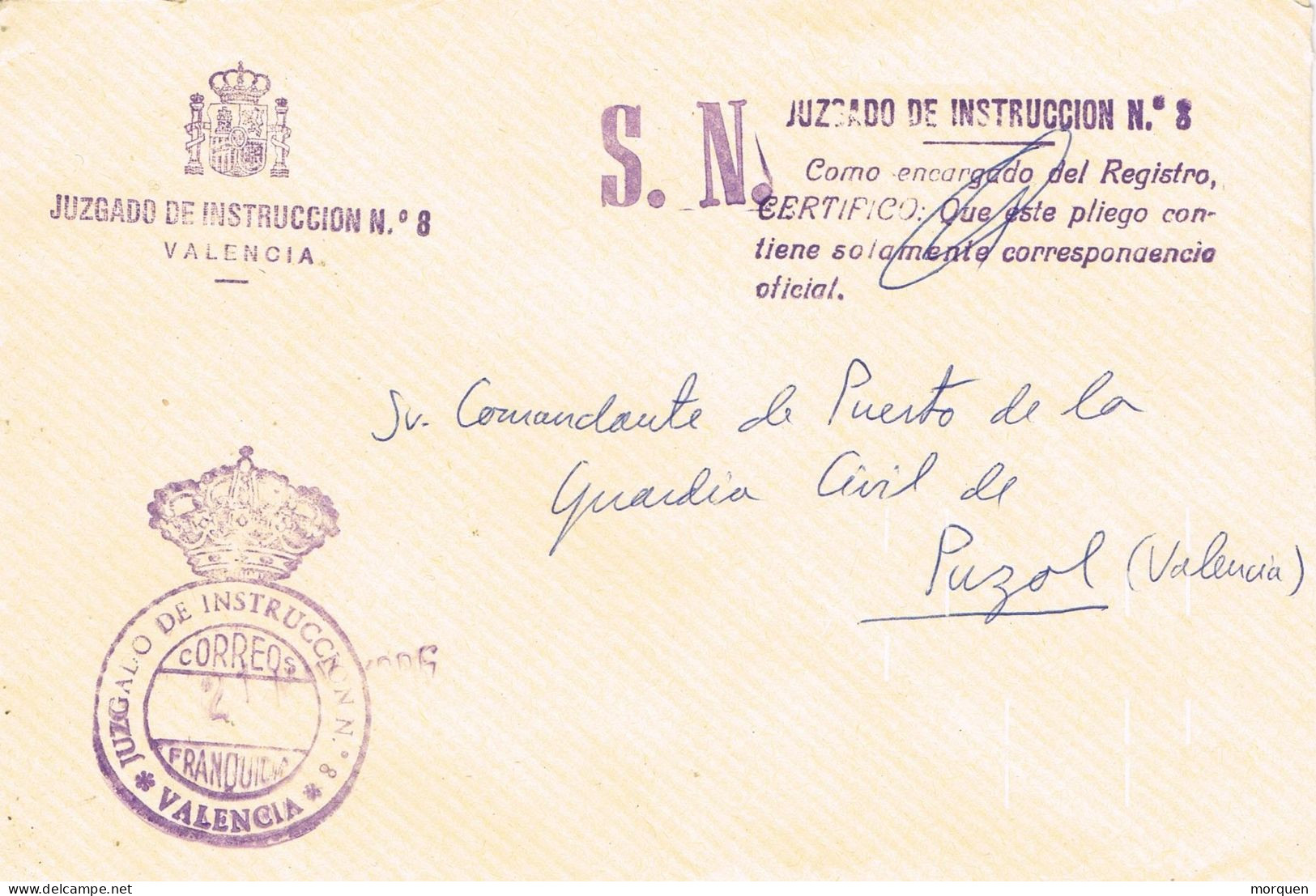 54497. Carta VALENCIA 1986. FRanquicia Juzgado Num 8 - Lettres & Documents