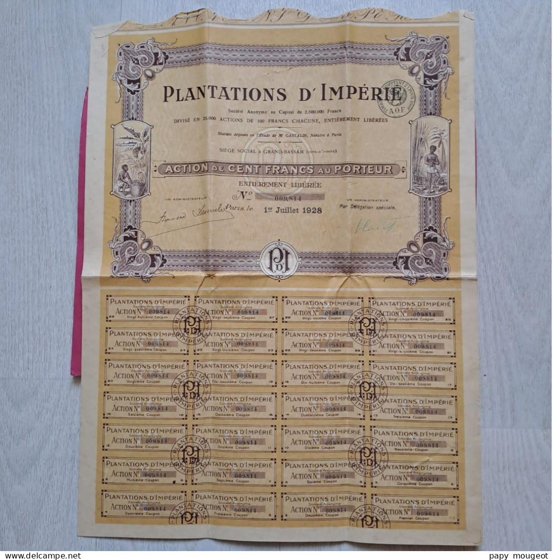 Plantations D'Impérié - Action De 100 Francs Au Porteur - Paris 1er Juillet 1928 N°009.814 - P - R