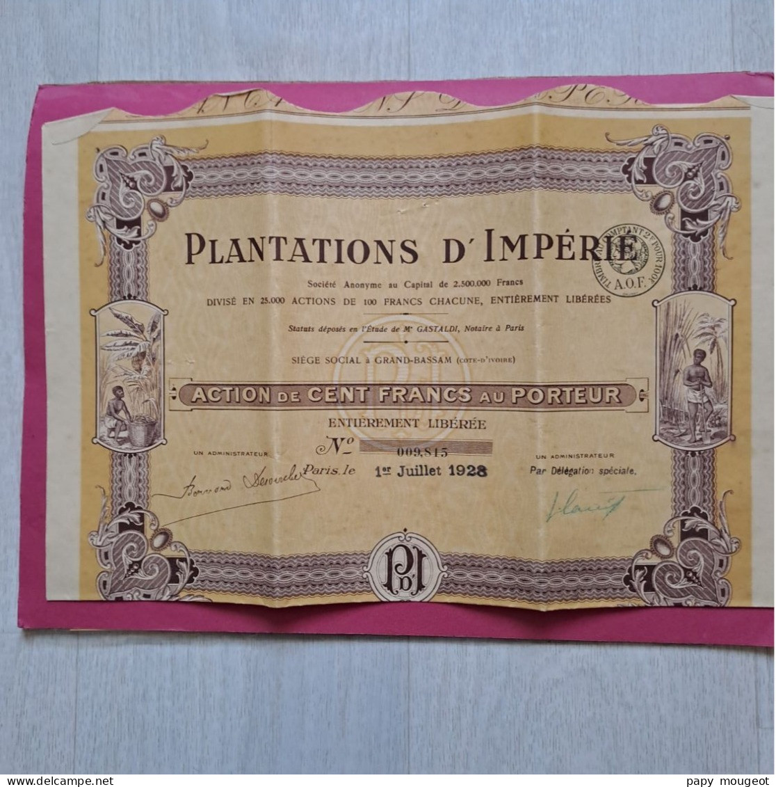 Plantations D'Impérié - Action De 100 Francs Au Porteur - Paris 1er Juillet 1928 N°009.815 - P - R