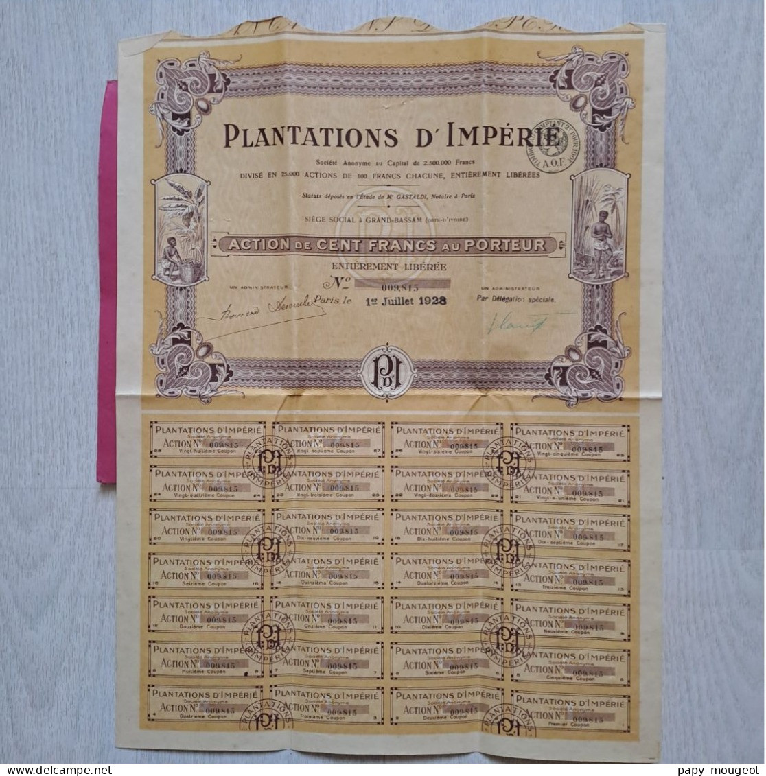 Plantations D'Impérié - Action De 100 Francs Au Porteur - Paris 1er Juillet 1928 N°009.815 - P - R