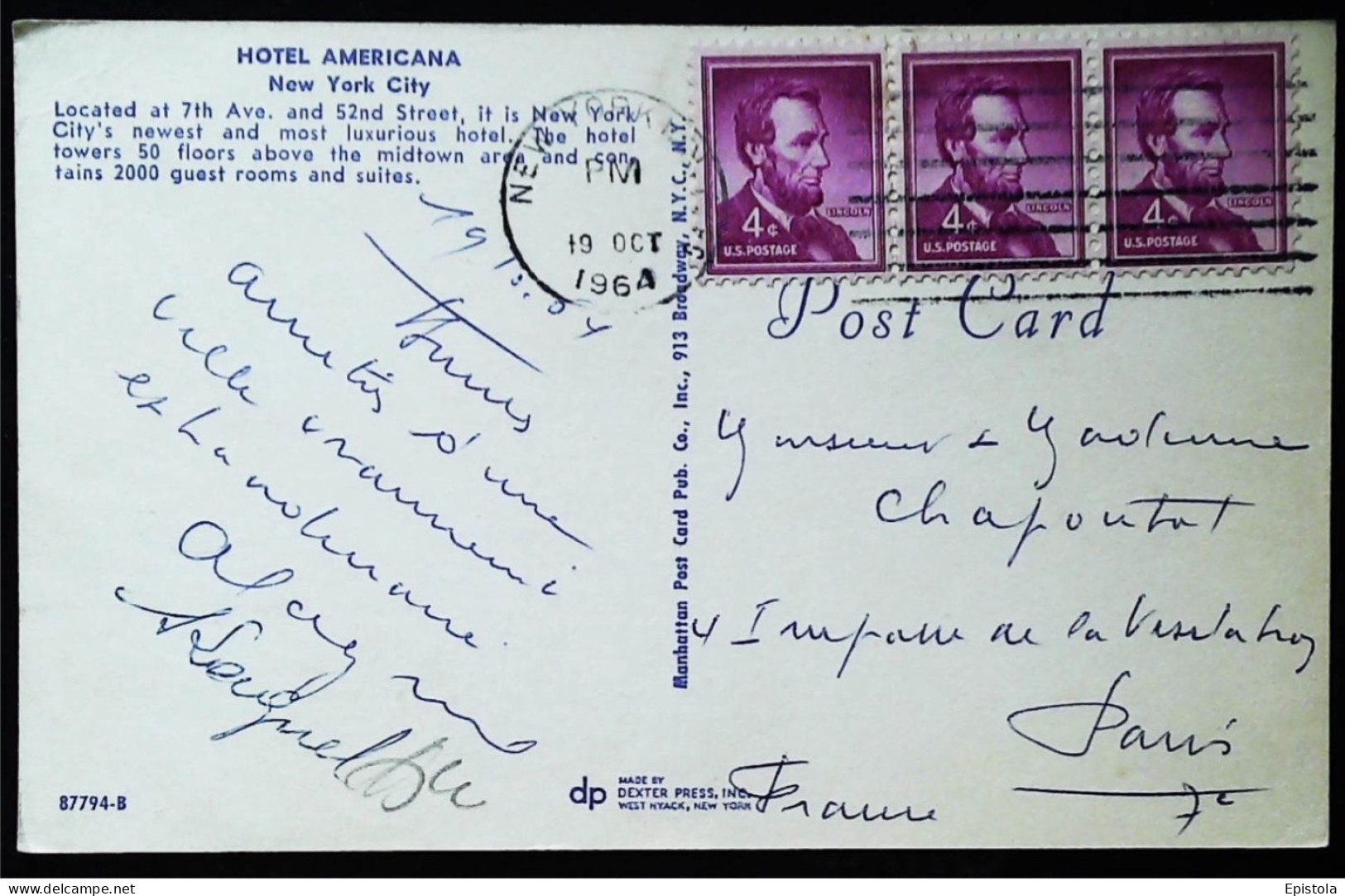 ►trois Timbres Se-tenant 4C  Lincoln HOTEL AMERICANA   Building  Vintage Card 1960s  - NEW YORK CITY (Architecture) - Storia Postale