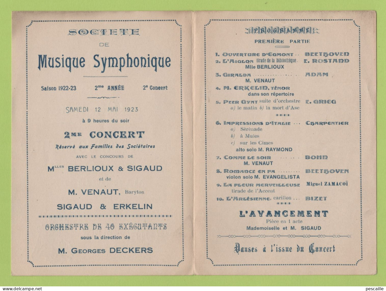 PROGRAMME SOCIETE DE MUSIQUE SYMPHONIQUE DE MARSEILLE 12 MAI 1923 - Programs