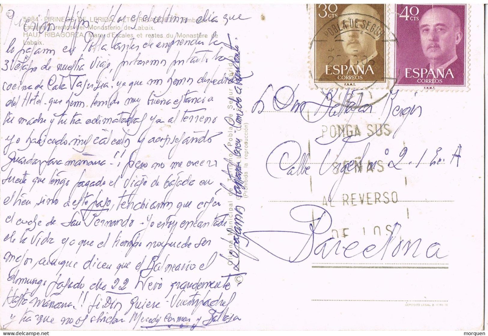 54500. Postal POBLA De SEGUR (Lerida) 1966. Ruinas Monasterio De LABAIX, Alto Ribagorza - Lettres & Documents