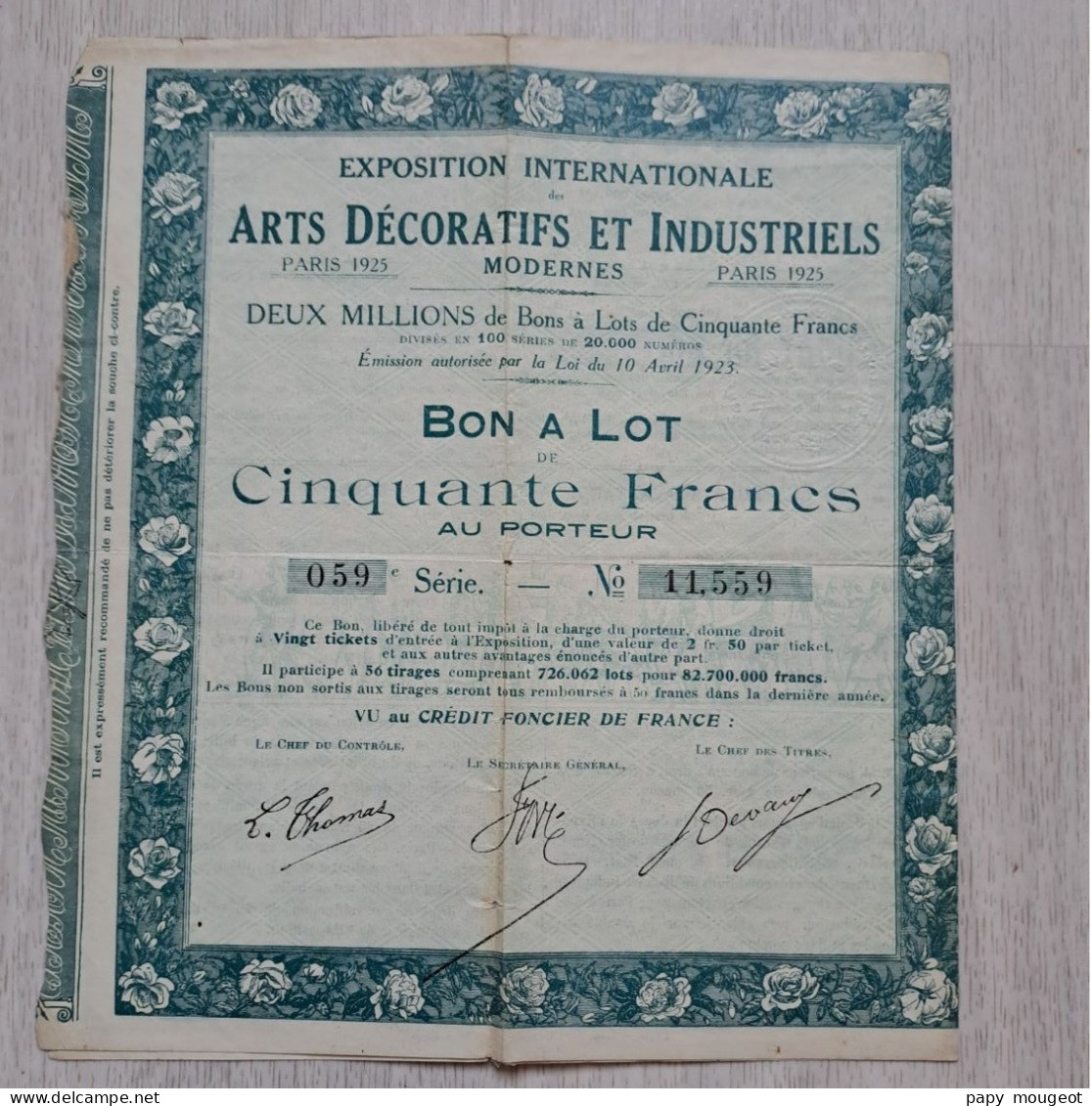 Exposition Internationale Des Arts Décoratifs Et Industriels Modernes - Paris 1925 - Bon à Lot De 50 Francs Au Porteur - D - F