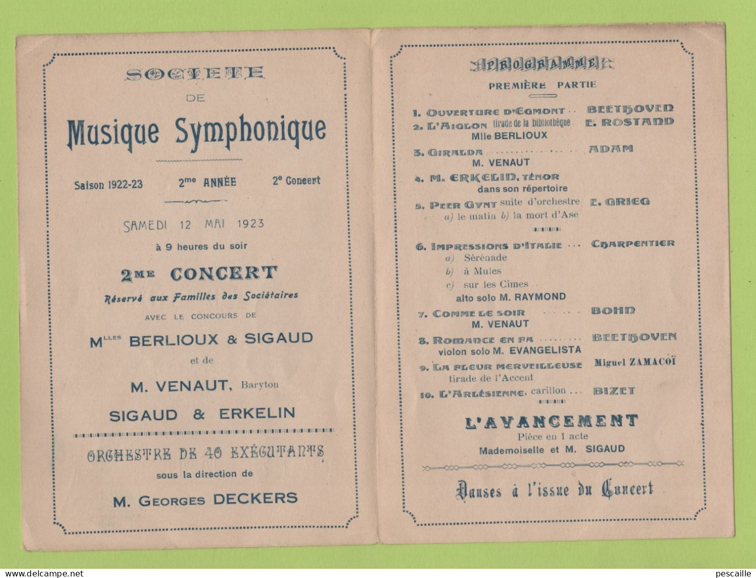 PROGRAMME SOCIETE DE MUSIQUE SYMPHONIQUE DE MARSEILLE 12 MAI 1923 - Programas