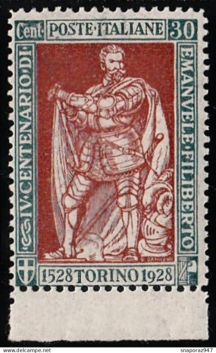 1928 Italia Regno  Emanuele Filiberto 30c Dent.13 3/4 Gomma Integra** - Nuovi