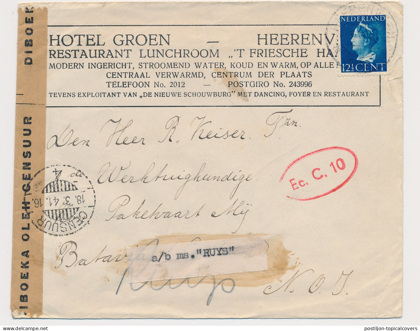 Ill. Censored Cover Neth. Indies 1940 Forwarded / Label Ms. RUYS - Netherlands Indies