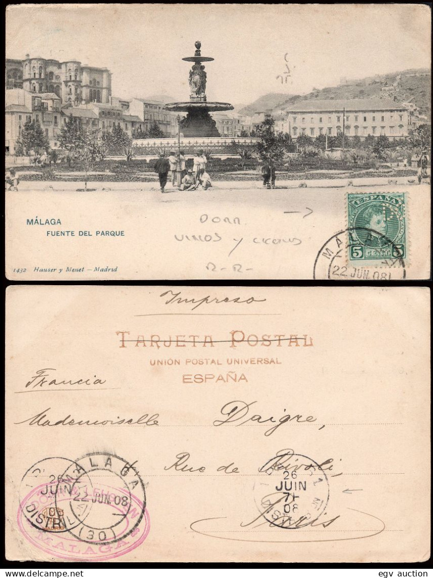 Málaga - Edi O TP 242 - Perforado "Döra" Postal "Málaga - Fuente Del Parque" A Paris - Cartas & Documentos