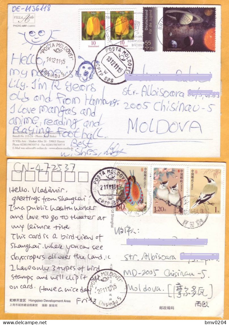 2011  Moldova Postcrossing,  6 Used Postage Stamps, China, Germany, Birds, Flowers - Correo Postal