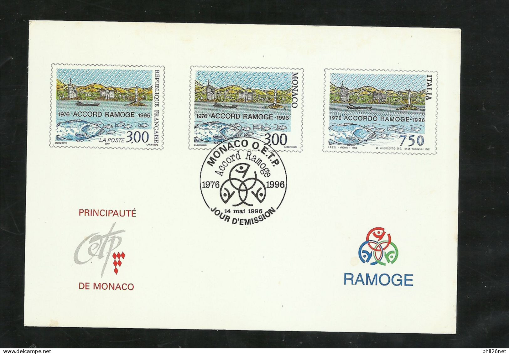 Carte Souvenir OETP De Monaco émission Commune Accord RAMOGE France Monaco Italie Le 14 Mai 1996   TB - Briefe U. Dokumente