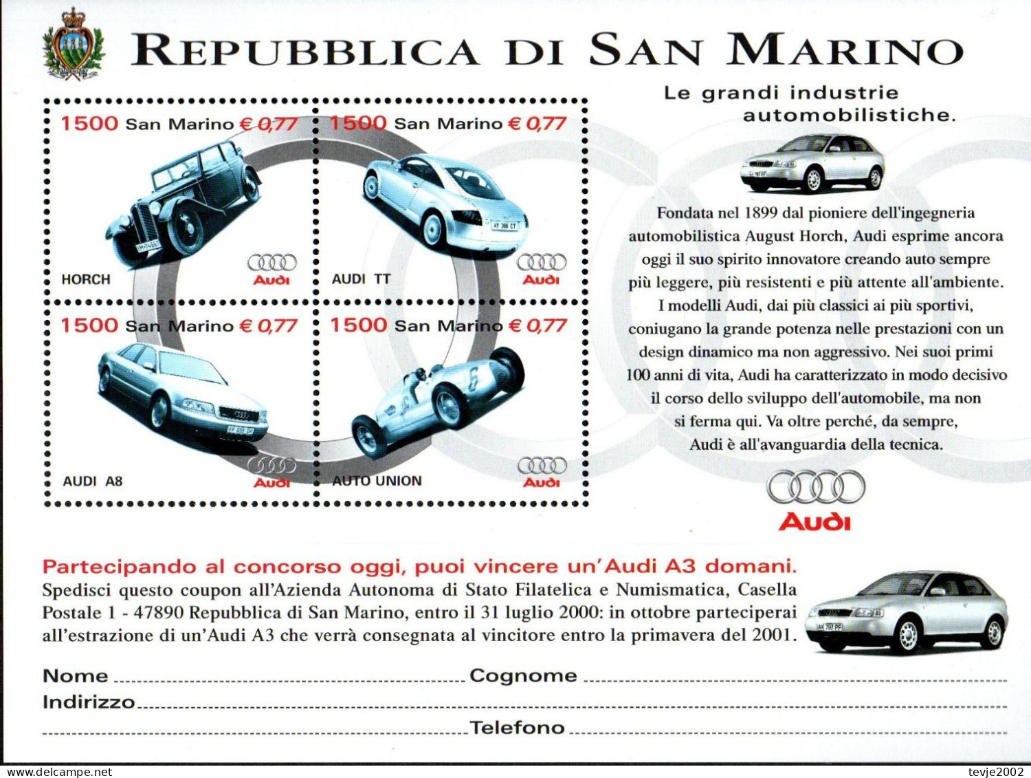 San Marino 1999 - Mi.Nr. Block 26 - Postfrisch MNH - Autos Cars AUDI - Cars