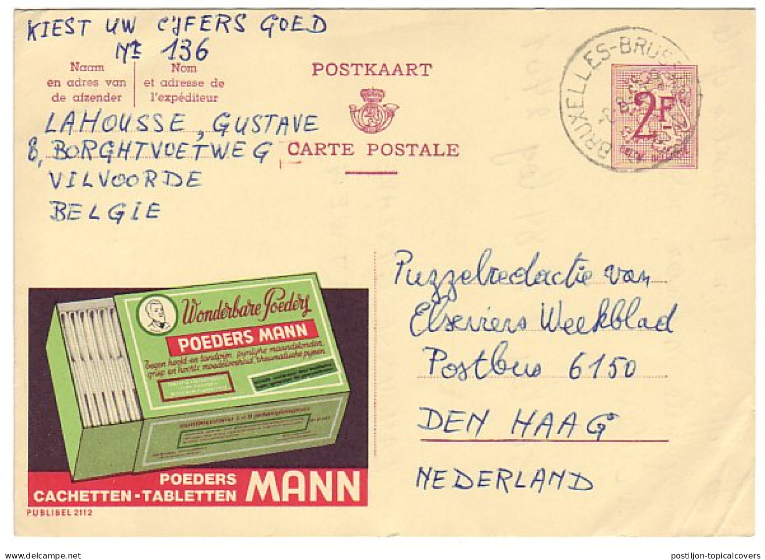 Publibel - Postal Stationery Belgium 1966 Medicine - Powder - Pharmazie