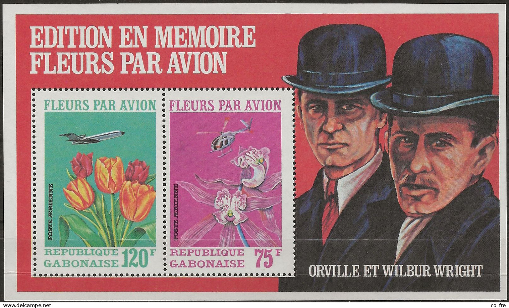 Gabon, Bloc N°18** (ref.2) Fleurs, Aviation, Wright - Gabun (1960-...)