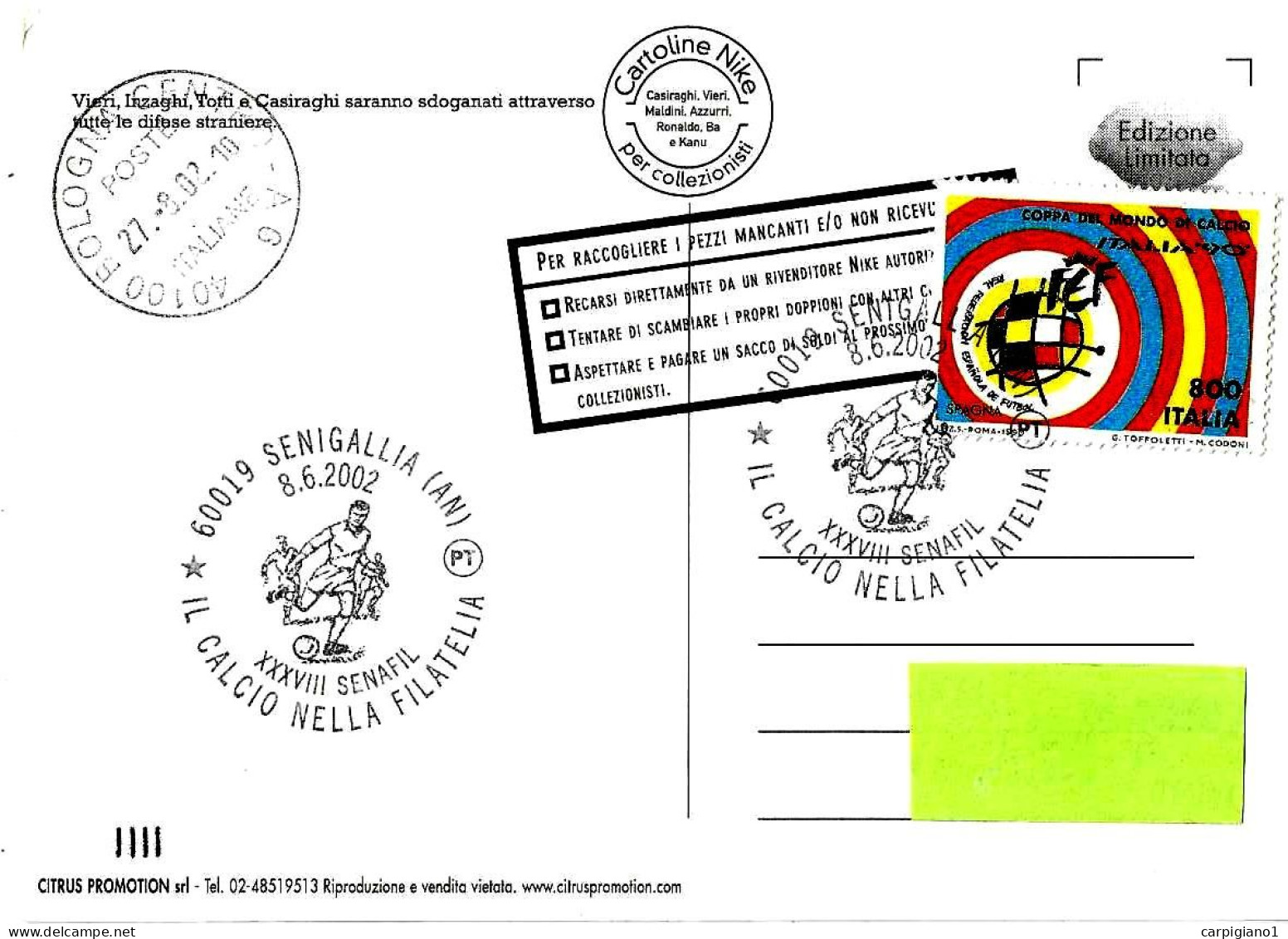 ITALIA ITALY - 2002 SENIGALLIA (AN) XXXVIII Senafil Il Calcio Nella Filatelia Su Cartolina Nike Viaggiata - 7862 - 2001-10: Marcofilia