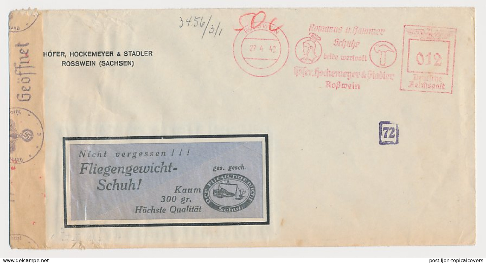 Censored Meter Cover Deutsche Reichspost / Germany 1942 Roman Soldier - Hammer - Shoes - Altri & Non Classificati