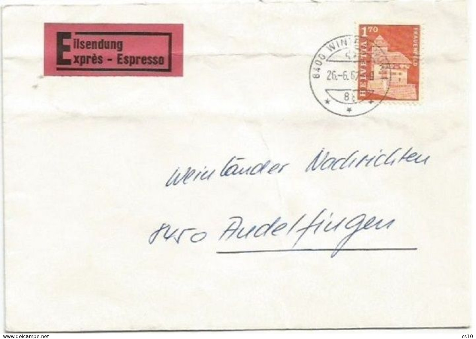 Suisse Express CV Winterthur 26jun1967 To Audelfingen With Castles Frauenfeld FS.1,70 Solo Franking - Marcophilie