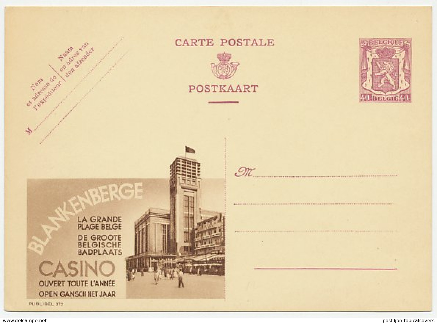 Publibel - Postal Stationery Belgium 1938 Casino - Blankenberge - Sin Clasificación