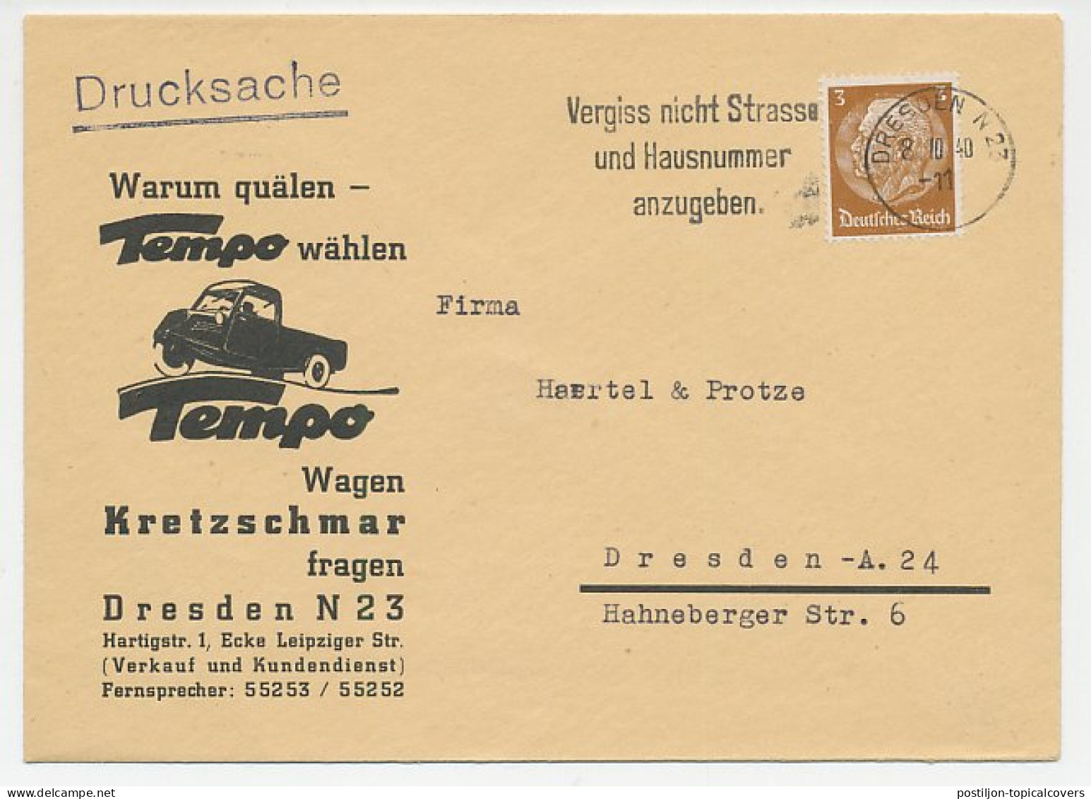 Illustrated Cover Deutsches Reich / Germany 1940 Car - Tempo Wagen - Cars