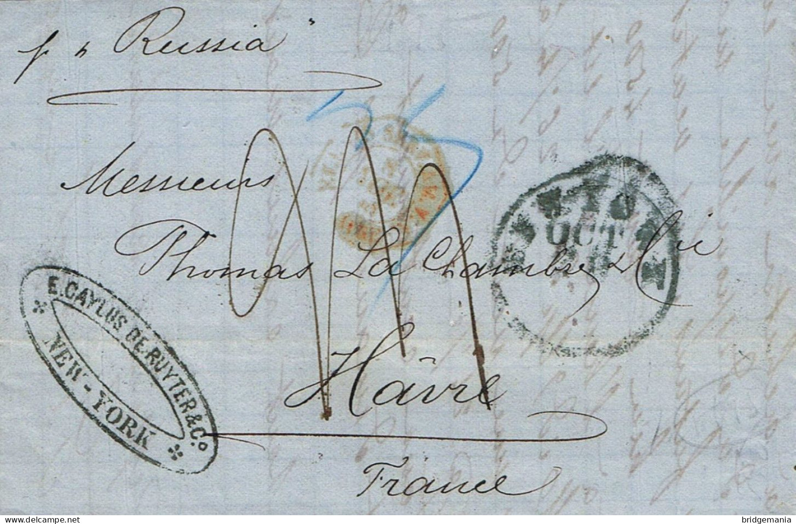 MTM096 - 1868 TRANSATLANTIC LETTER USA TO FRANCE Steamer RUSSIA UNPAID 3 RATE - ERROR See Description! - Marcophilie