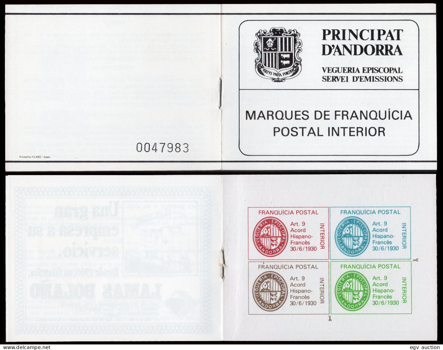 Andorra Española - Carnet Con HB Franquicia Postal (4 Sellos Diferentes) - Episcopale Vignetten