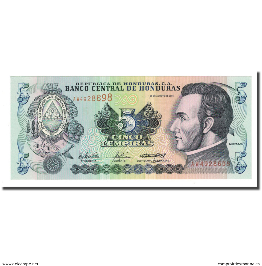 Billet, Honduras, 5 Lempiras, 2004-08-26, KM:85d, NEUF - Honduras