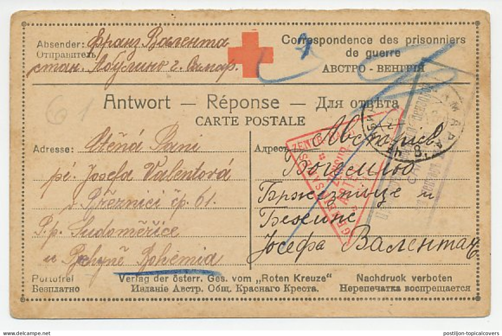 POW - Red Cross Reply Card 1916 Red Cross - Guerre Mondiale (Première)