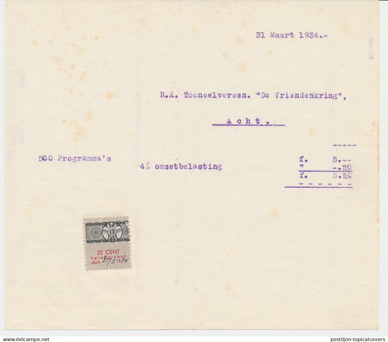 Omzetbelasting 20 CENT - Acht 1934 - Revenue Stamps