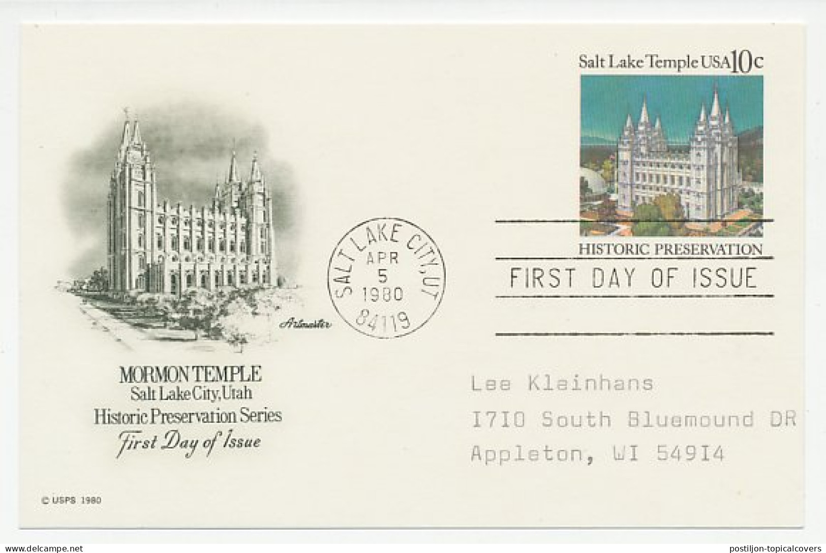 Postal Stationery USA 1980 Mormon Temple - Salt Lake City - Churches & Cathedrals