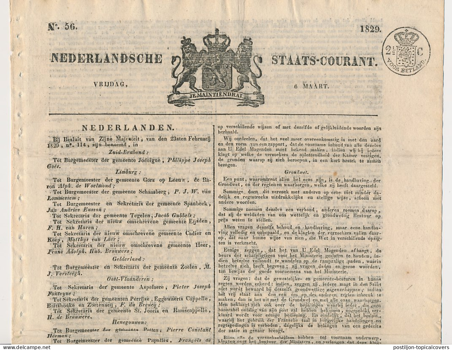 Fiscaal / Revenue - 2 1/2 C. Voor Het Land - 1829  - Fiscaux