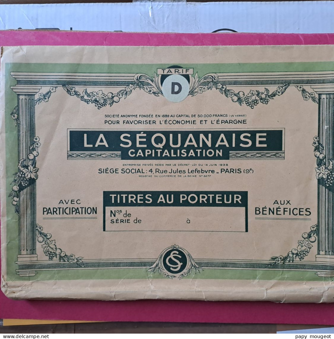 La Séquanaise Capitalisation - Paris 9ème - Titres Au Porteur - Dossier Avec Titres Au 01-12-1944 Et 01-01-1945 - S - V