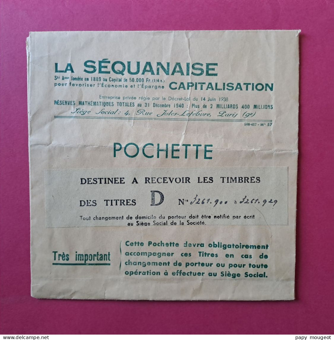 La Séquanaise Capitalisation - Paris 9ème - Titres Au Porteur - Dossier Avec Titres Au 01-12-1944 Et 01-01-1945 - S - V