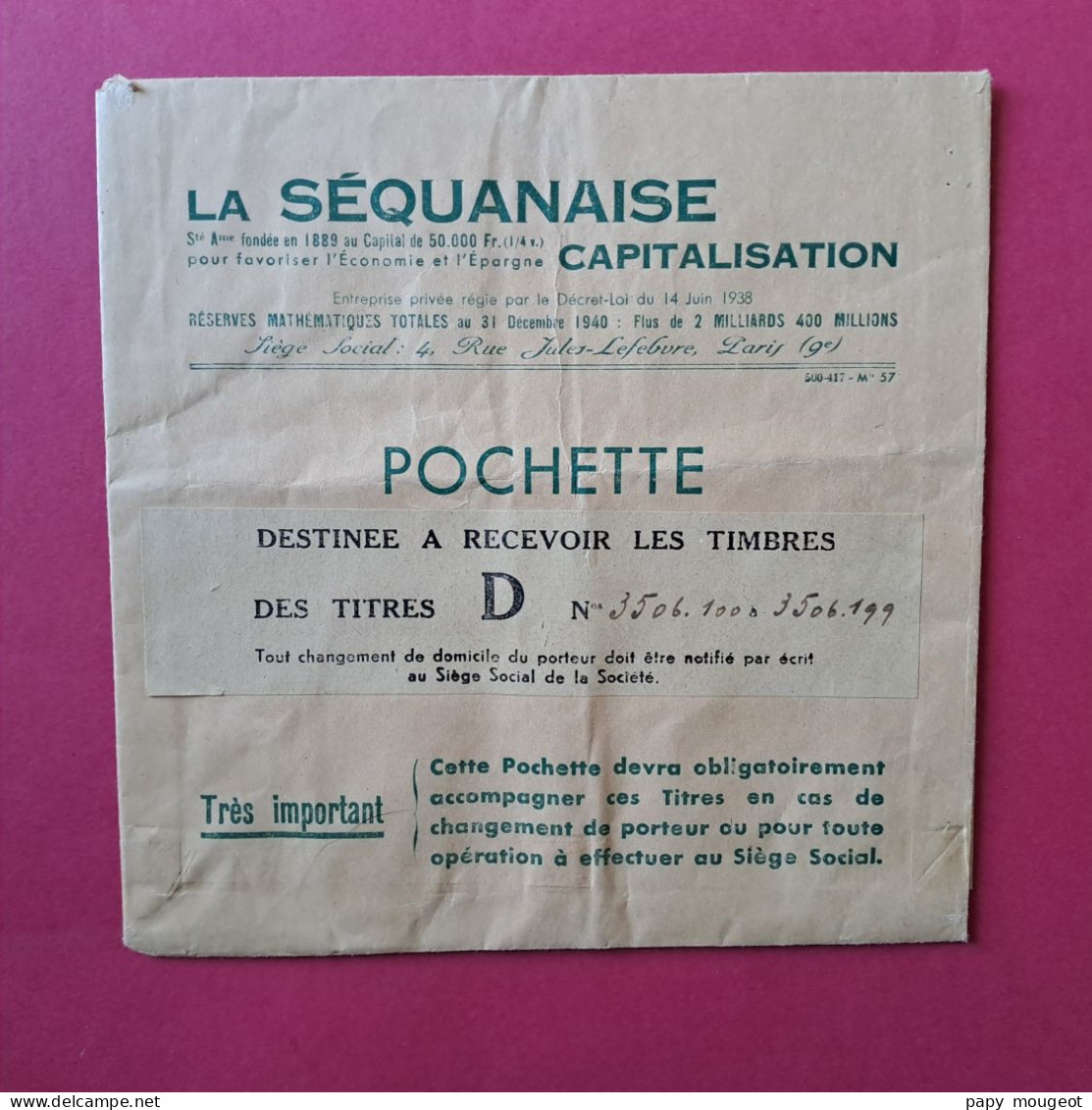 La Séquanaise Capitalisation - Paris 9ème - Titres Au Porteur - Dossier Avec Titres Au 01-12-1944 Et 01-01-1945 - S - V