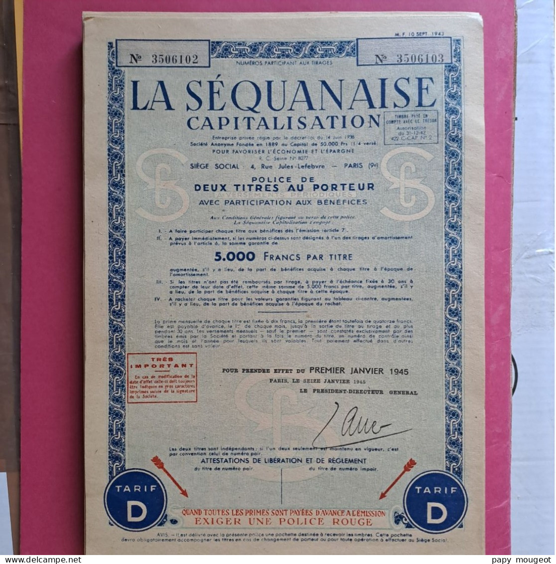 La Séquanaise Capitalisation - Paris 9ème - Titres Au Porteur - Dossier Avec Titres Au 01-12-1944 Et 01-01-1945 - S - V