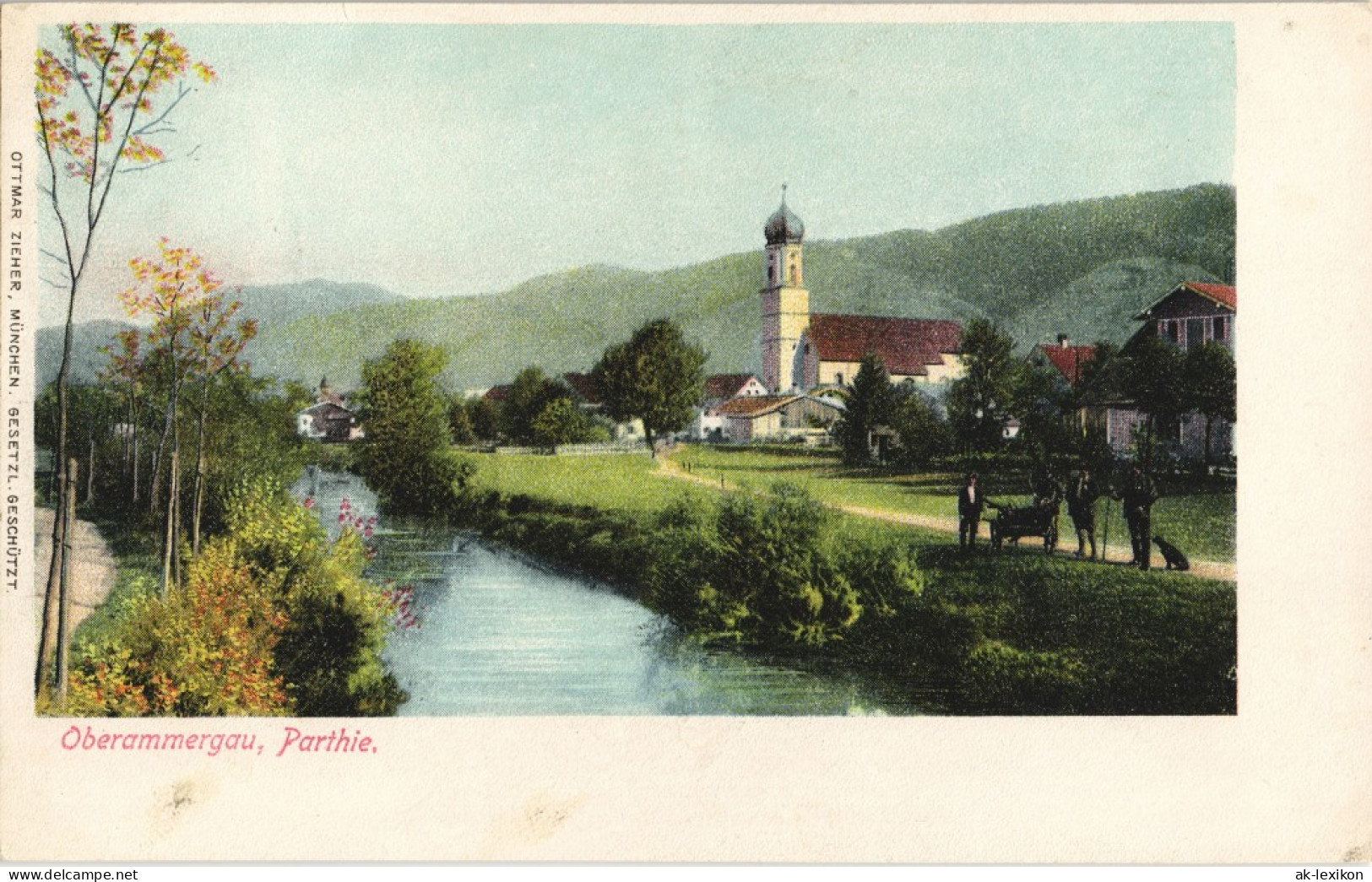 Oberammergau Panorama-Ansicht Fluss Partie Blick Zur Kirche 1900 - Oberammergau