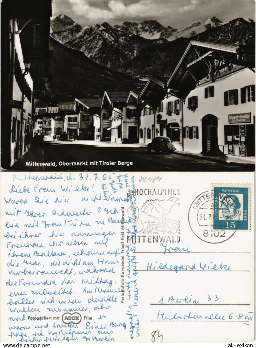 Ansichtskarte Mittenwald Obermarkt Dorf Partie Mit Tiroler Alpen Berge 1965 - Mittenwald