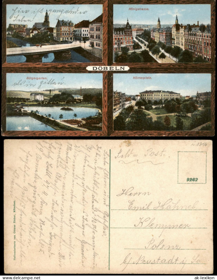 Döbeln Mehrbild-AK Königstrasse, Bürgergarten, Körnerplatz, Panorama 1910 - Doebeln