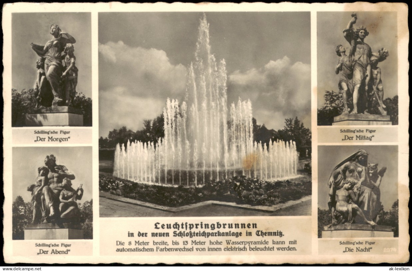 Ansichtskarte Chemnitz MB: Statue, Leuchtspringbrunnen 1934 - Chemnitz
